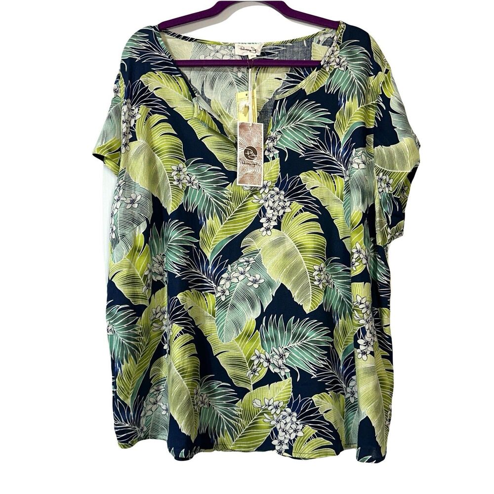 Panama Jack Blouse Linen Blend Green Tropical Print Size 2X Short Sleeve NWT
